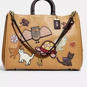 Coach Rouge 39 Tan Tote with Animal Creature Patches: Owl Turtle Cat Mushroom